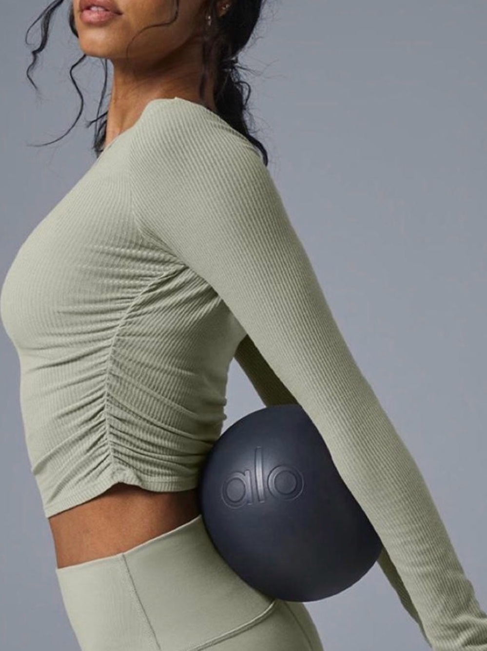 ALO Yoga Sage Ribbed Long Sleeve Ruched Crop Top